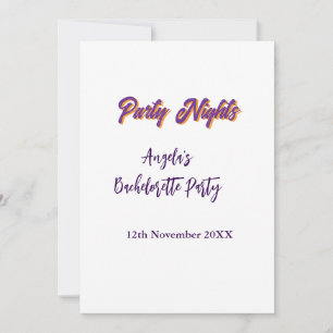 Party nights bachelorette party name date purple invitation