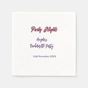 Party nights bachelorette party name date purple napkins