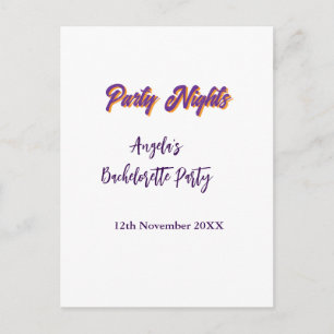 Party nights bachelorette party name date purple postcard
