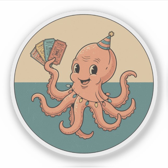 Party Octopus with Carnival Tickets - Retro Fun Sticker (Front)