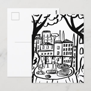 Party on the Terrace Whimsical City Hand Drawn Postcard