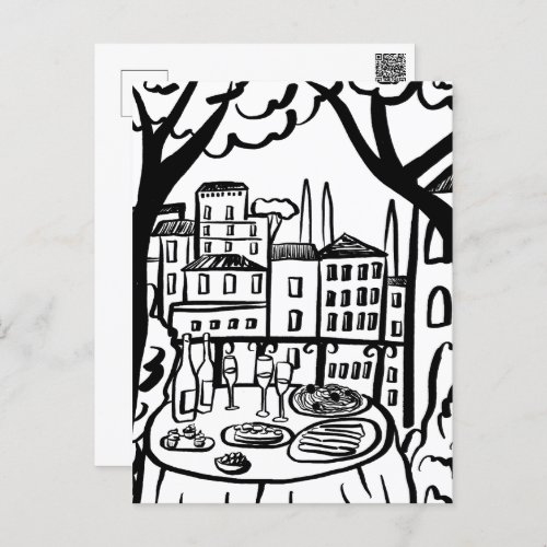 Party on the Terrace Whimsical City Hand Drawn Postcard