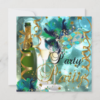 Party Party Mask Champagne Blue Gold Masquerade Invitation