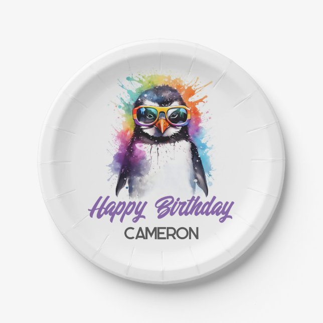 Party Penguin sunglasses, kid's birthday  Paper Plates (Front)