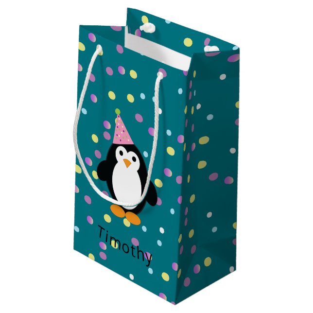 Party Penguin with Confetti Background Small Gift Bag (Back Angled)