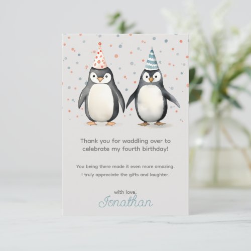 Party Penguins waddle over childrens birthday Thank You Card