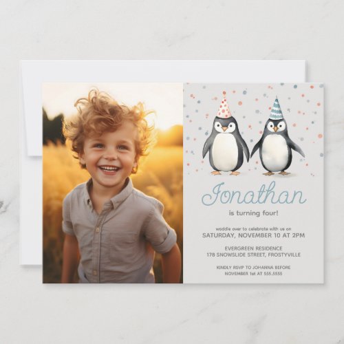 Party Penguins waddle over photo Invitation