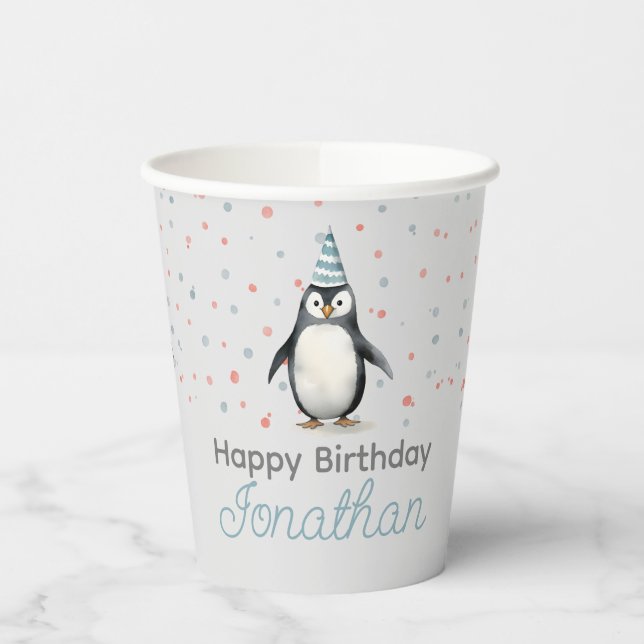 Party Penguins, watercolor, children's birthday Paper Cups (Left)
