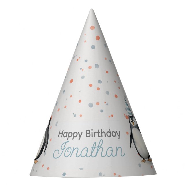 Party Penguins, watercolor, children's birthday Party Hat (Front)