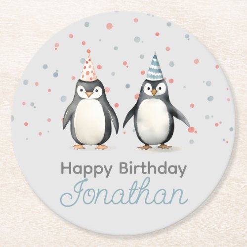 Party Penguins watercolor childrens birthday Round Paper Coaster