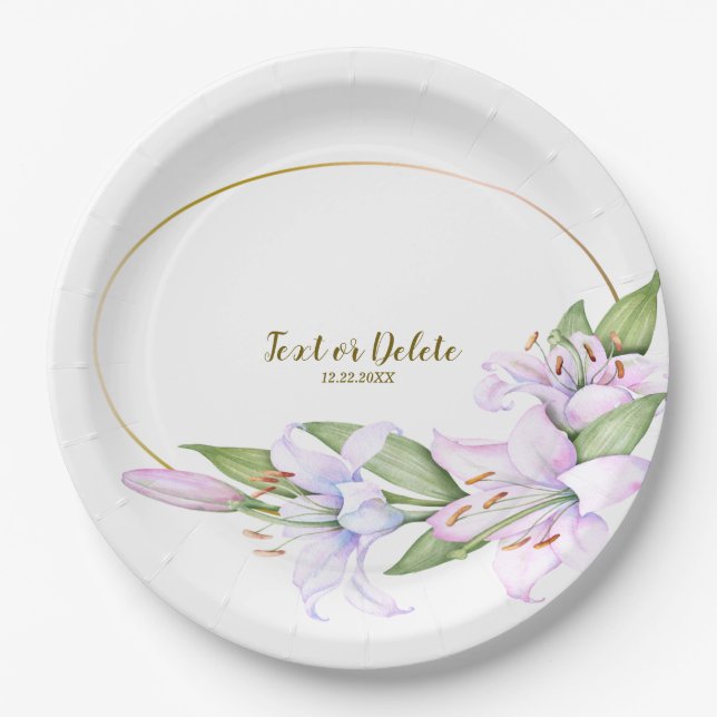 Party Pink Lily Flowers Golden Frame Beautiful Paper Plates (Front)