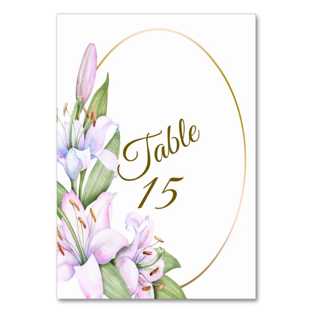 Party Pink Lily Flowers Golden Frame Beautiful  Table Number (Front)