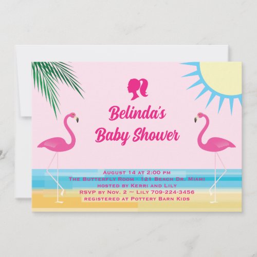 Party Pink Tropical Beach Baby Shower Invitation