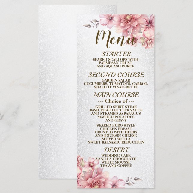 Party Pink Watercolor Flowers Shiny Glitter Menu (Front/Back)