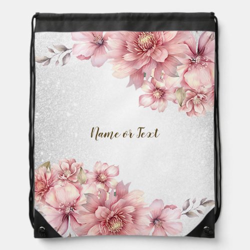 Party Pink Watercolor Flowers Shiny Glitter Modern Drawstring Bag