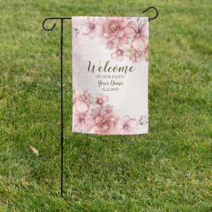 Party Pink Watercolor Flowers Shiny Glitter Modern Garden Flag