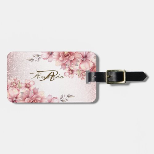 Party Pink Watercolor Flowers Shiny Glitter Modern Luggage Tag