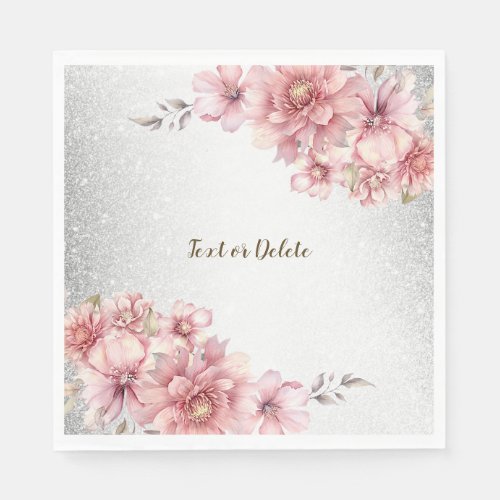 Party Pink Watercolor Flowers Shiny Glitter Modern Napkins