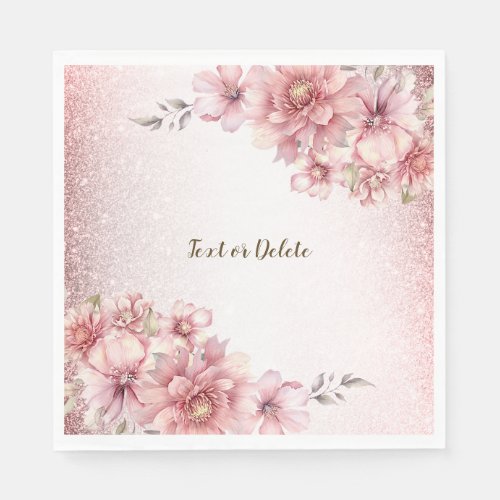 Party Pink Watercolor Flowers Shiny Glitter Modern Napkins