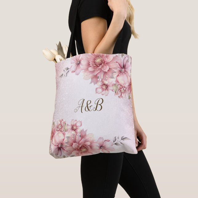 Party Pink Watercolor Flowers Shiny Glitter Modern Tote Bag (Close Up)