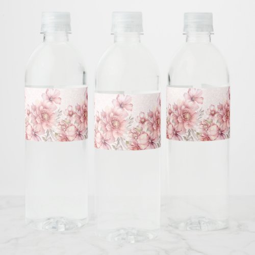 Party Pink Watercolor Flowers Shiny Glitter Modern Water Bottle Label