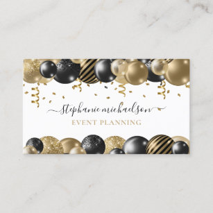 Party Planner Black Gold Balloon QR Code Business Card