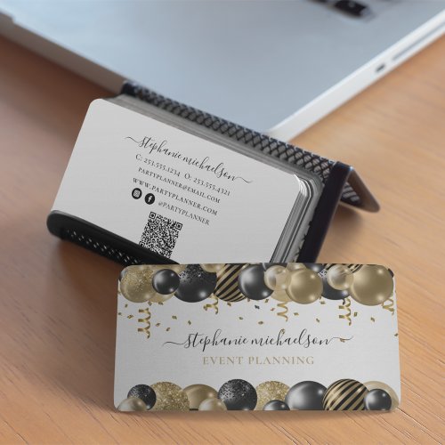 Party Planner Black Gold Balloon QR Code Business Card