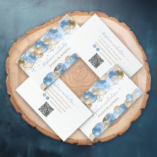 Party Planner Blue Gold Balloon QR Code Business Card
