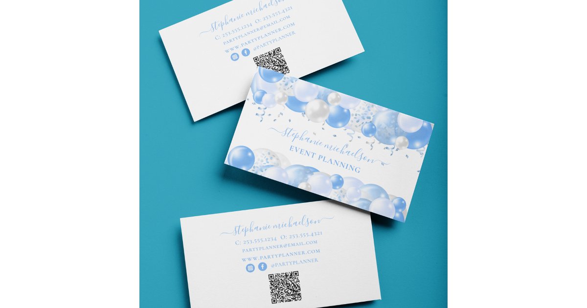 Party Planner Blue White Balloon QR Code Business Card | Zazzle
