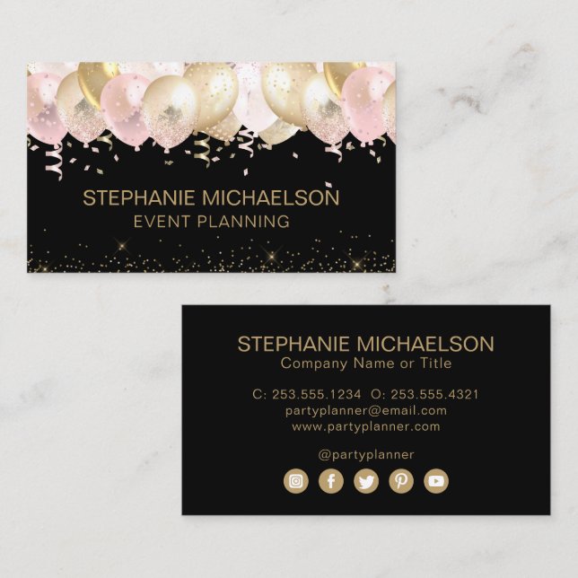 Party Planner Blush Pink Gold Glitter Balloon Business Card (Front/Back)