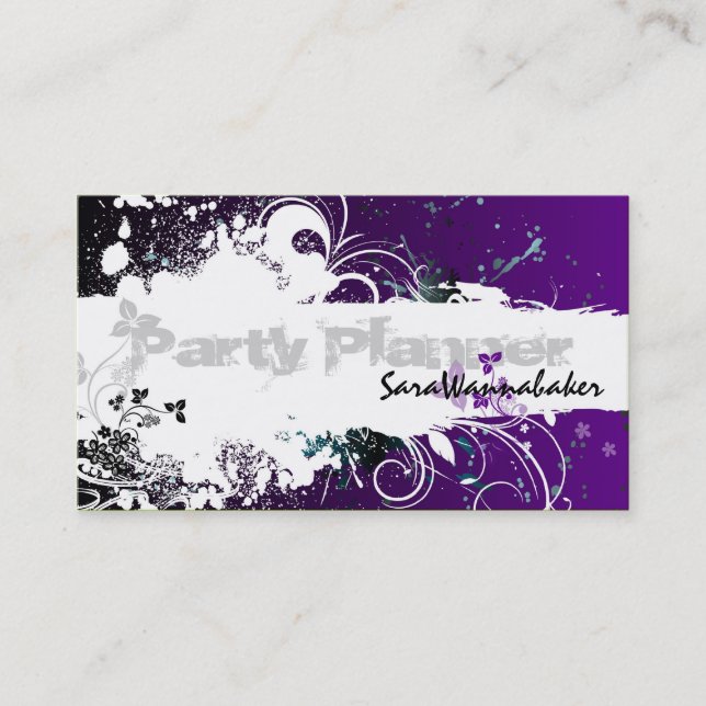 Party Planner Business Card Grunge Splatter Purple (Front)