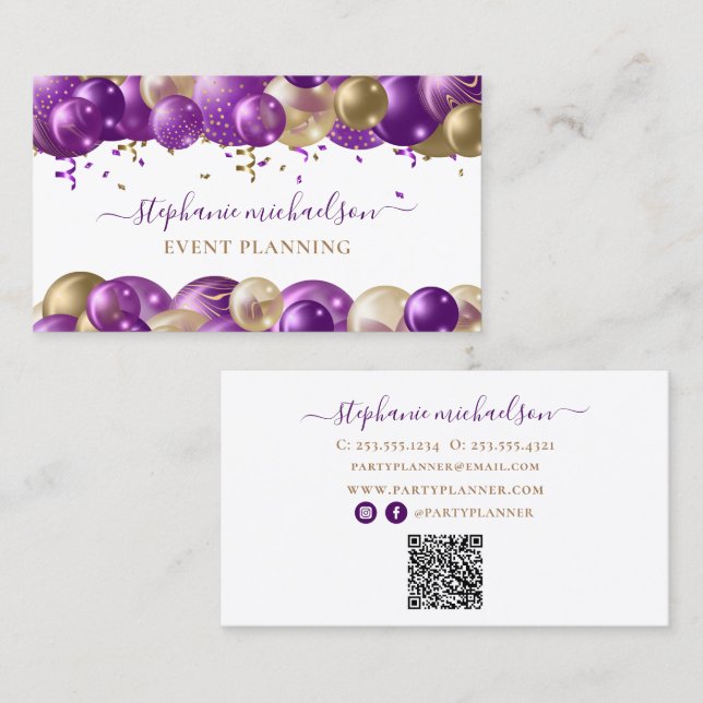 Party Planner Purple Gold Balloon QR Code Business Card (Front/Back)