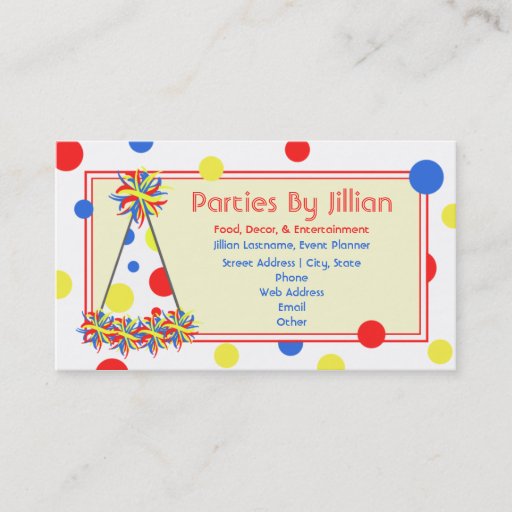 Customizable Party Planner Red Yellow Blue Polka Dot Party Hat Business Card