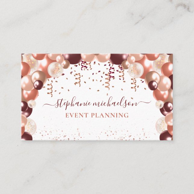Party Planner Rose Gold Glitter Balloon Business Card (Front)