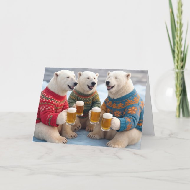 Party Polar Bears Wearing Christmas Ugly Sweaters Card (Front)