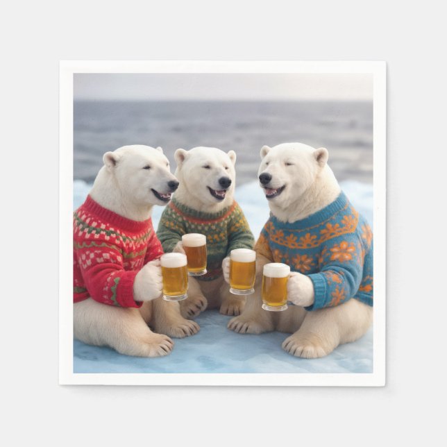 Party Polar Bears Wearing Christmas Ugly Sweaters Napkins (Front)
