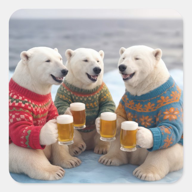 Party Polar Bears Wearing Christmas Ugly Sweaters Square Sticker (Front)