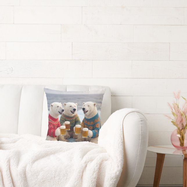 Party Polar Bears Wearing Christmas Ugly Sweaters Throw Pillow (Couch)