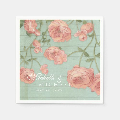 Party Pretty Blush Pink Peach Roses Wood Fence Napkins