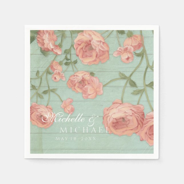 Party Pretty Blush Pink Peach Roses Wood Fence Napkins (Front)