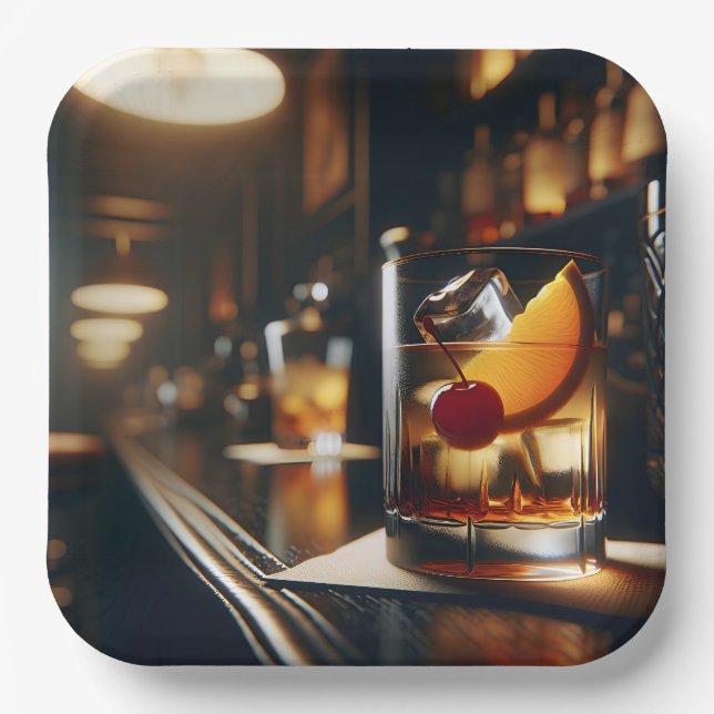 Party Pub With Old Fashioned Drink Paper Plates (Front)