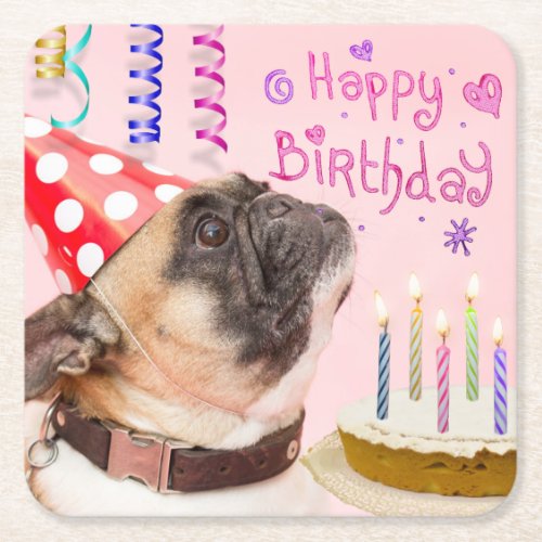 Party Pug and Birthday Cake Cute Square Paper Coaster