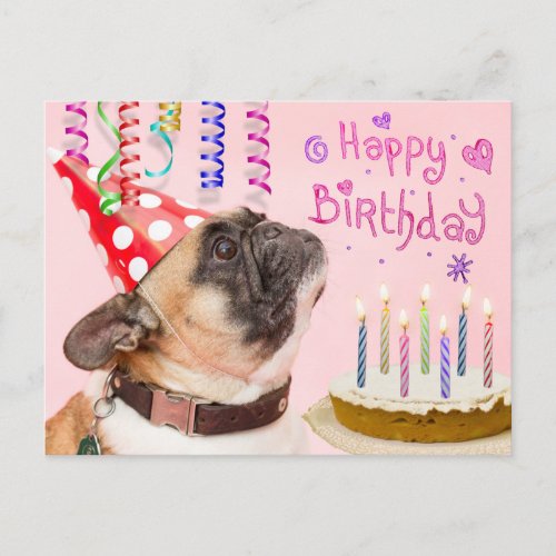 Party Pug and Birthday Cake Invitation Postcard