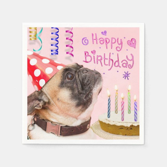 Party Pug and Birthday Cake Paper Napkins (Front)