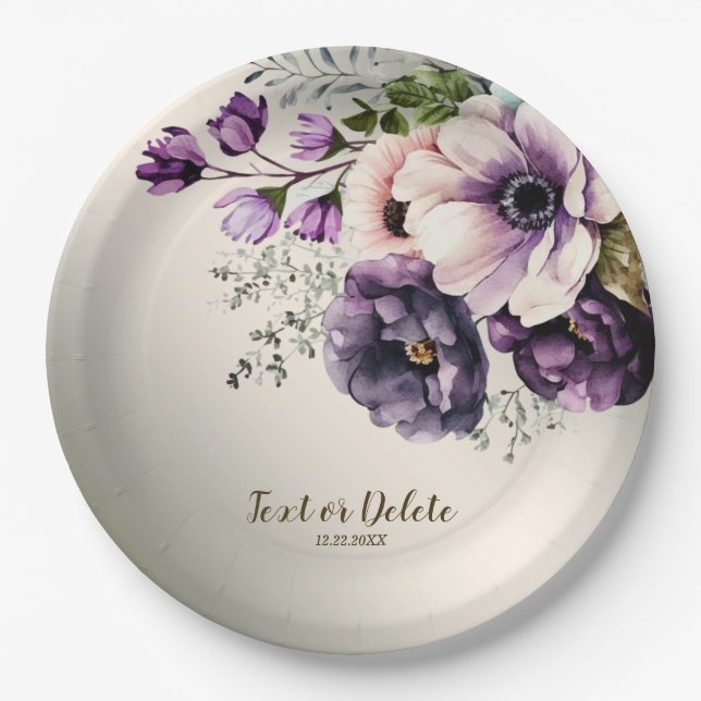 Party Purple Pink Flowers Golden Elegant Paper Plates (Front)
