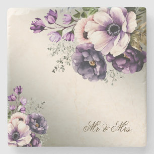 Party Purple Pink Flowers Golden Elegant Stone Coaster