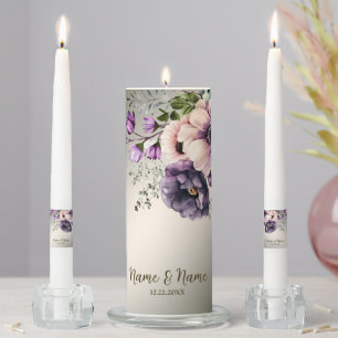 Party Purple Pink Flowers Golden Elegant Unity Candle Set