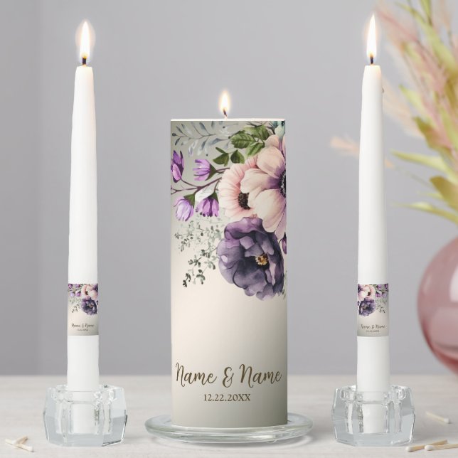 Party Purple Pink Flowers Golden Elegant Unity Candle Set (In Situ)