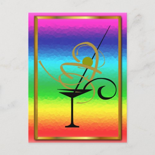 PARTY RAINBOW MARGARITA GOLD FRAME GLASS POSTCARD