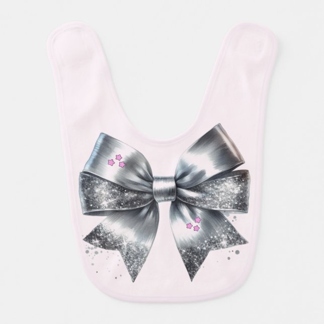 Party Ready Silver Bow  Baby Bib (Front)